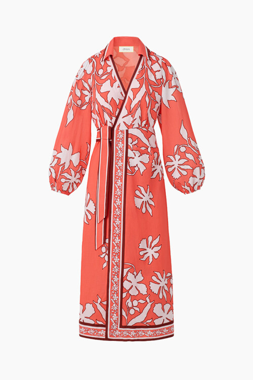 Coral embroidered long sleeve maxi dress photographed on ghost mannequin