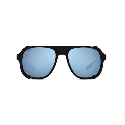Front view of black glacier sunglasses with mirrored lenses ecommerce photography
