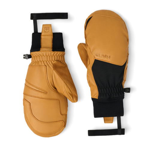 Professional product photography of premium leather ski mittens shown front and back on a white background for an outdoor apparel website.