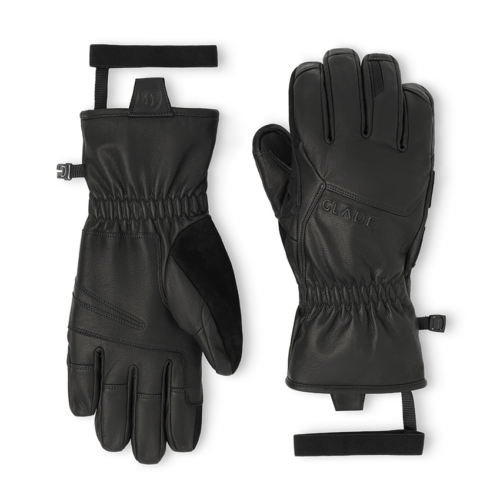 eCommerce product photography of premium black leather ski gloves displayed front and back for an outdoor apparel brand website.