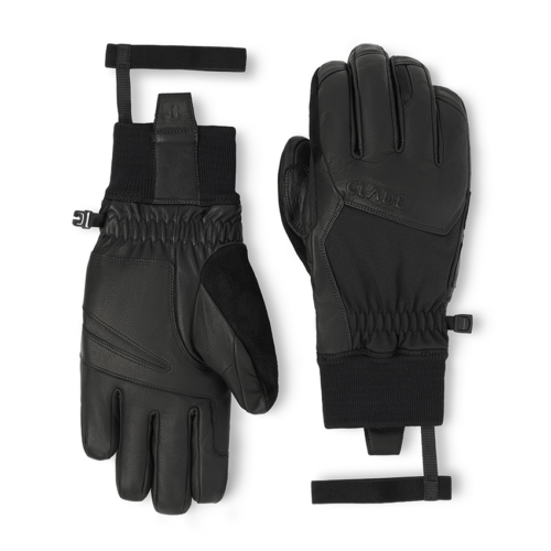 Professional product photography featuring premium black leather winter gloves photographed from multiple angles on a white background.
