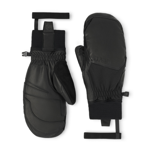 eCommerce product photography of insulated black leather ski mittens displayed front and back on a white background for the Glade website.