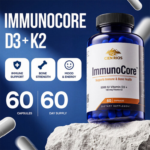 Amazon listing infographic of a vitamin supplement bottle with benefit icons and capsule count callouts