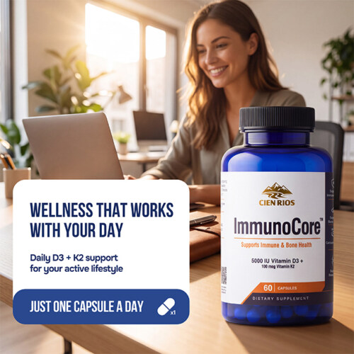 AI lifestyle image of a supplement bottle on a desk beside a woman working on a laptop, for an Amazon listing