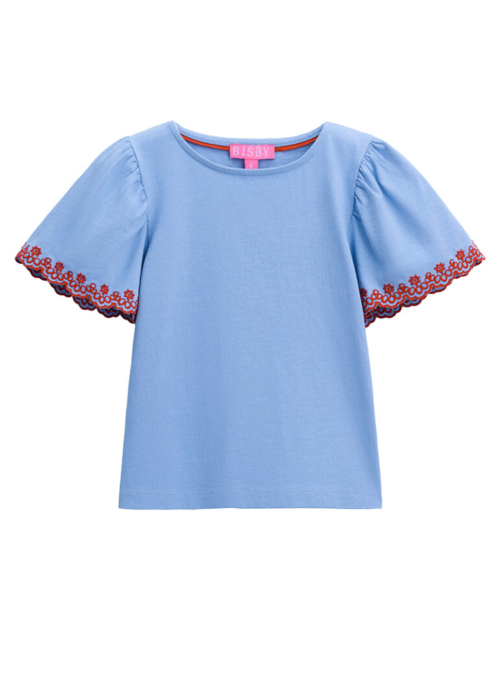 Flat lay photography of a light blue girls' top with flutter sleeves and red scalloped embroidery