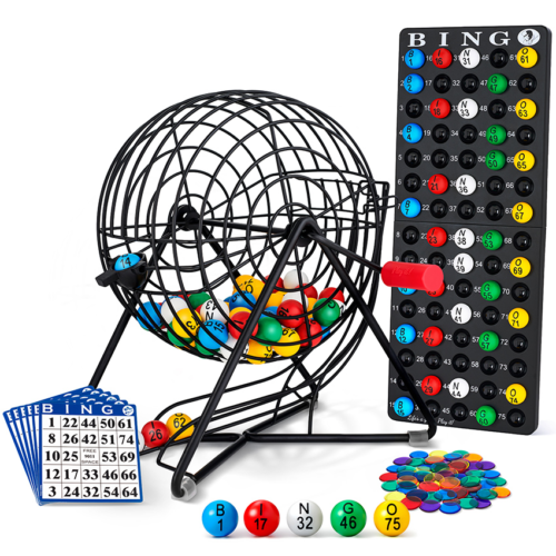 eCommerce product photography of a black metal bingo cage set with bingo cards, numbered balls, and accessories for an Amazon product listing.