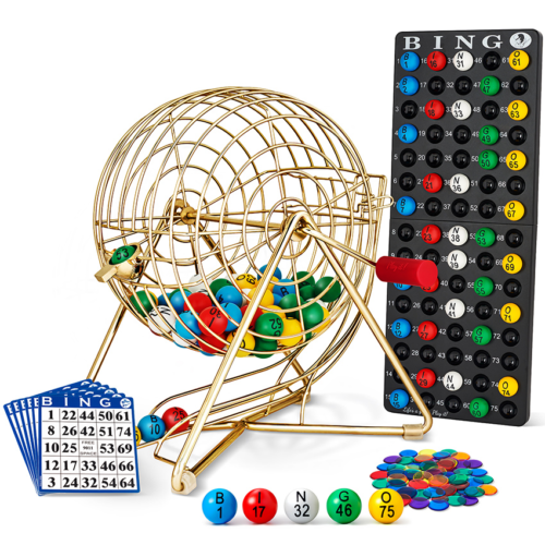Amazon product photography of a gold bingo cage set with balls, calling board, cards, and chips