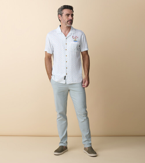 Men's resort wear fashion photography with colorful summer outfit on a model