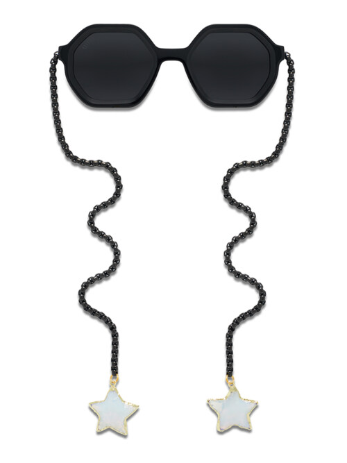 Product photography of black hexagonal sunglasses with a beaded black eyewear chain ending in star charms