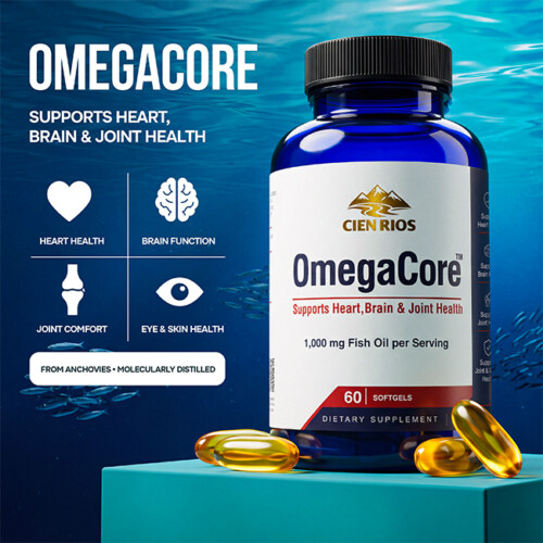 Amazon listing infographic of an omega-3 supplement bottle with benefit icons on an underwater blue background