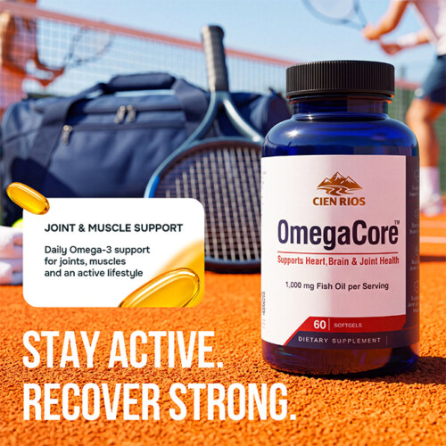 AI lifestyle image of a fish oil supplement bottle on a tennis court with sports bag and rackets, joint support callout