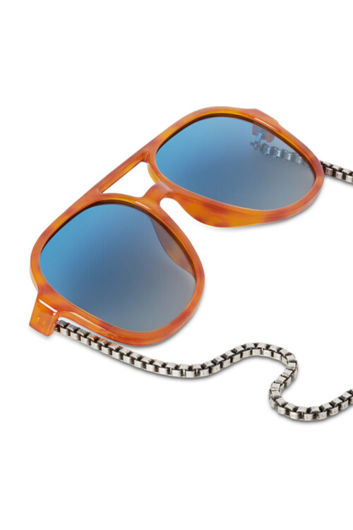 Orange frame fashion sunglasses with blue mirrored lenses product photography