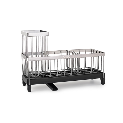 eCommerce product photography for Amazon listing featuring a stainless steel sink caddy with adjustable storage compartments on a white background.