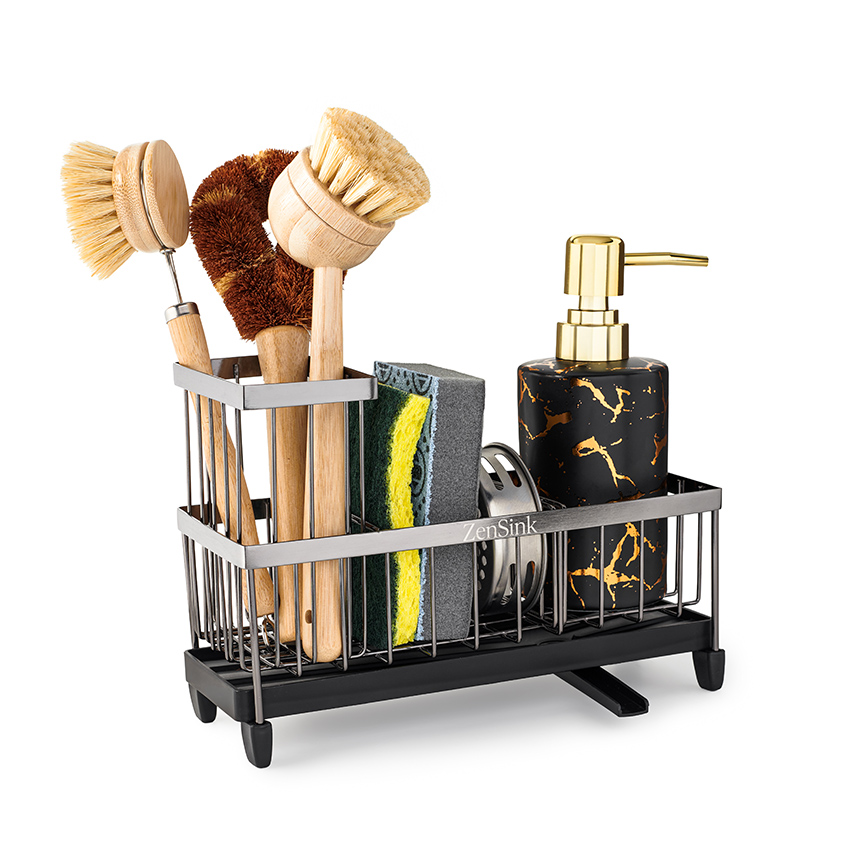 Amazon product photography of a stainless steel sink caddy holding wooden brushes, sponges, and a soap dispenser