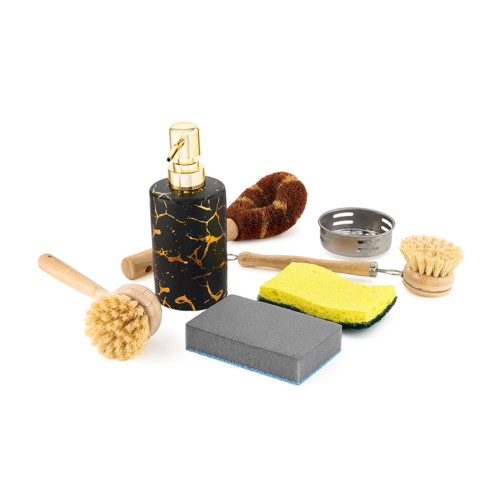 Product photography of kitchen cleaning accessories arranged on a white background for an Amazon listing, including soap dispenser, sponge, scrub brushes, and sink strainer.