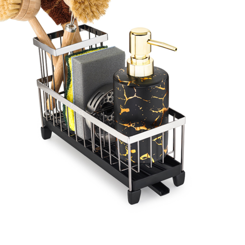 Amazon product photography of a kitchen sink caddy with sponge and soap dispenser, angled top view