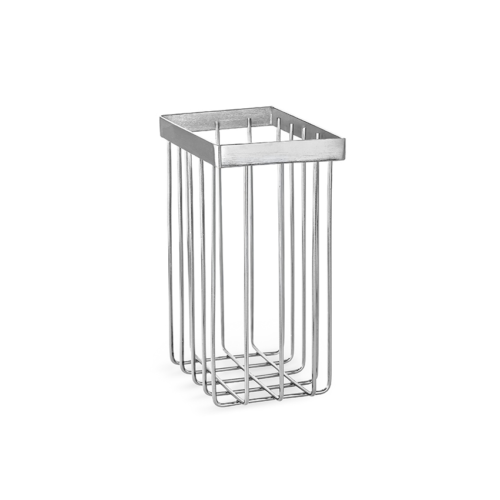 Product photography of a small stainless steel wire storage basket on a white background