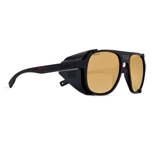 Side angle view of tortoise frame glacier sunglasses product photography