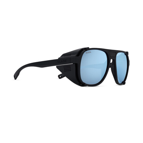 Side view of black performance sunglasses product photography