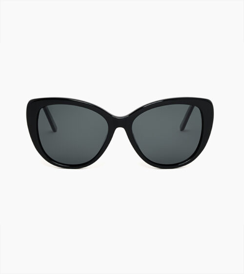 Sunglasses product photography of black acetate cat-eye sunglasses shot straight-on with grey tinted lenses