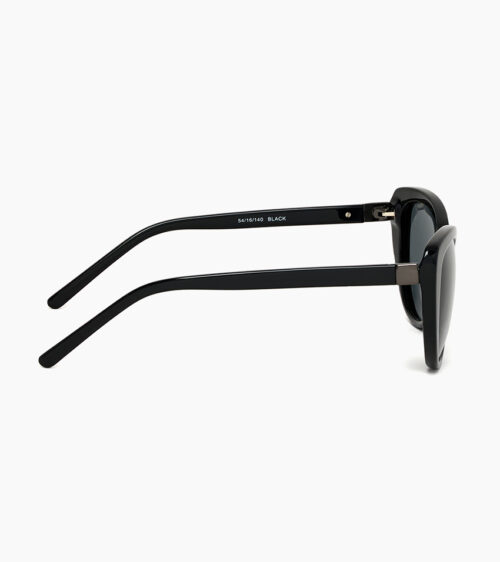 Sunglasses product photography of black cat-eye sunglasses in side profile showing the temple arm and size markings