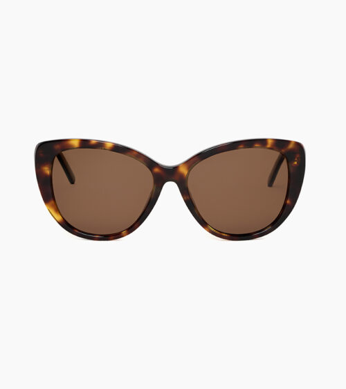 Sunglasses product photography of amber tortoiseshell cat-eye sunglasses shot straight-on with brown lenses and slim temple arms