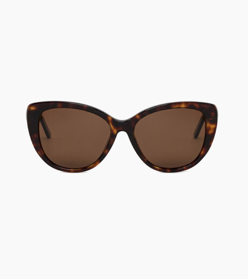 Sunglasses product photography of dark tortoiseshell cat-eye sunglasses shot straight-on with brown tinted lenses