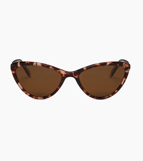 Sunglasses product photography of pink tortoiseshell cat-eye sunglasses shot straight-on with brown tinted lenses