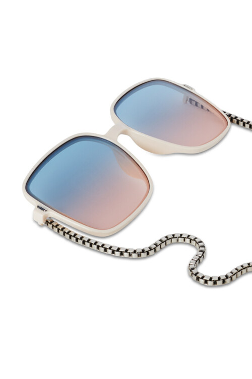 White frame sunglasses with mirrored lenses photographed for ecommerce