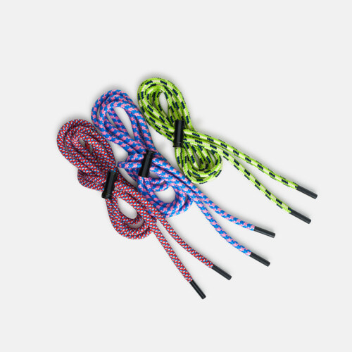 Product photography of three interchangeable rope chin cords in magenta, blue, and neon green