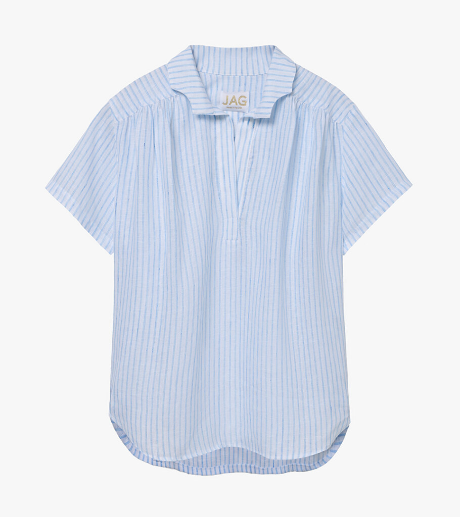 Flat lay photography of a light blue pinstriped short-sleeve popover top