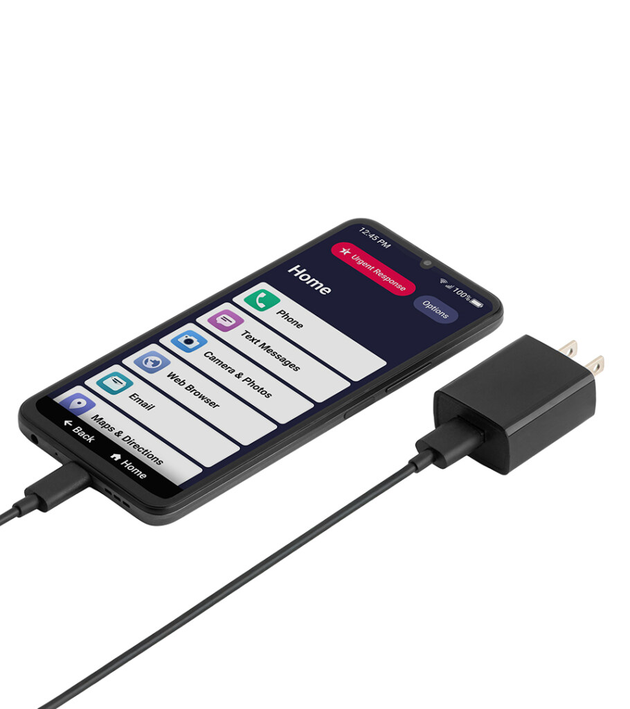 Product photography of a smartphone displaying an app screen, shown with a black charger and cable