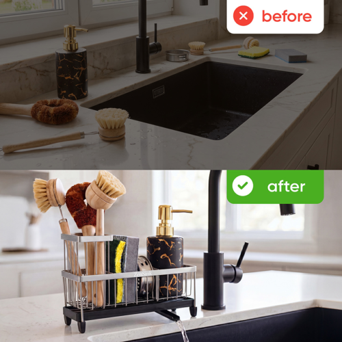 Amazon listing infographic photography highlighting product features including rustproof stainless steel, automatic drainage, and protective rubber feet.