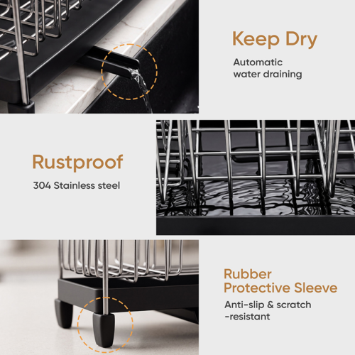 Amazon listing infographic showing sink caddy features: water draining, stainless steel, and rubber feet