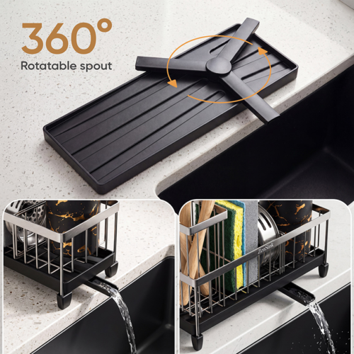 Amazon infographic photography highlighting the sink organizer's 360-degree rotating drain spout with close-up feature images for an eCommerce product listing.
