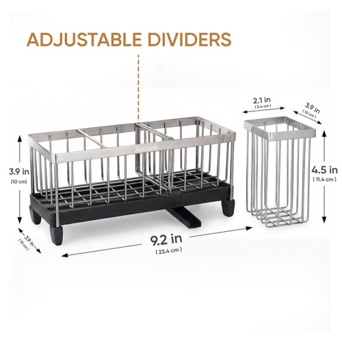Amazon product photography of a stainless steel kitchen sink caddy with adjustable dividers on a white background for an eCommerce product listing.
