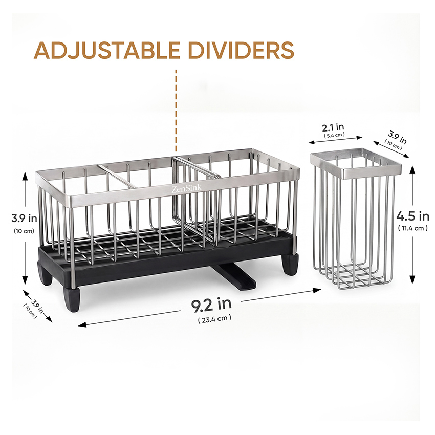 Amazon listing infographic of a sink caddy organizer with adjustable dividers and dimension callouts