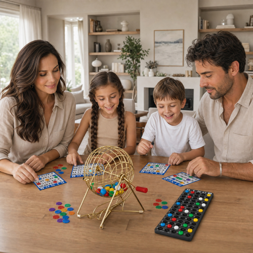 Lifestyle product photography of a family playing a bingo game at home, showcasing the complete bingo cage set in a natural indoor setting for an Amazon listing.
