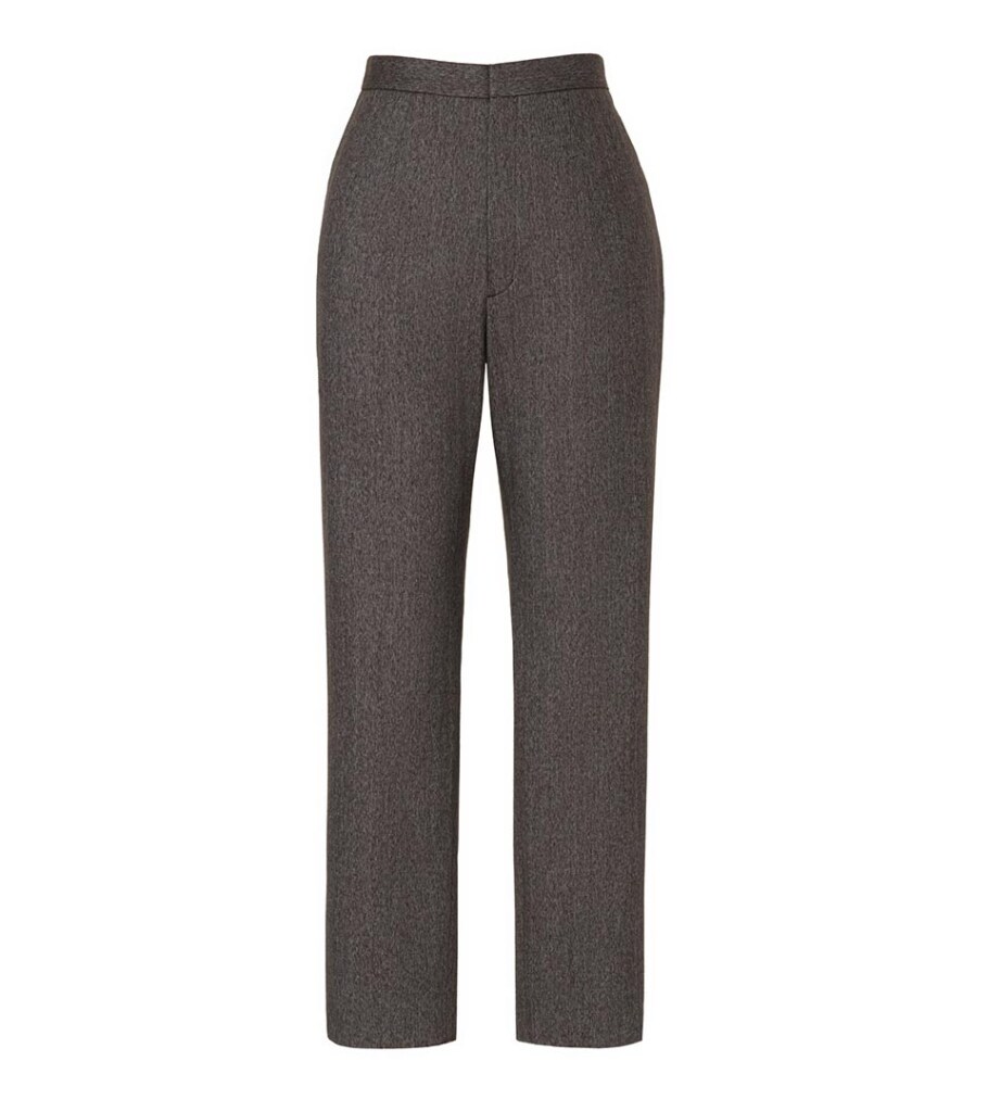 Professional ghost mannequin photography of gray tailored trousers, highlighting the garment fit, fabric texture, and clean presentation for e-commerce apparel photography.