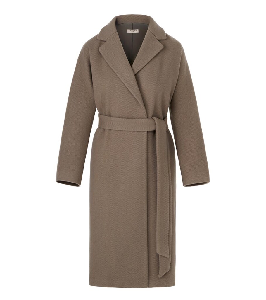 Ghost mannequin photography of a taupe belted wool coat, showcasing the tailored silhouette, lapel details, and premium outerwear construction.