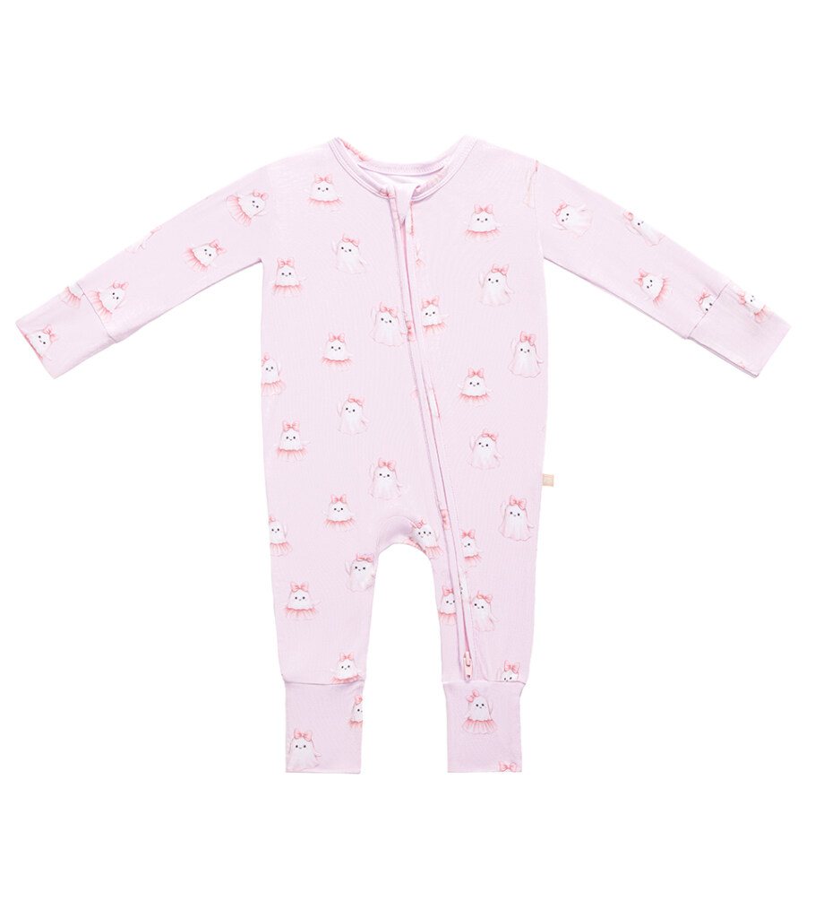 Flat lay photography of a pale pink baby romper with ghost print