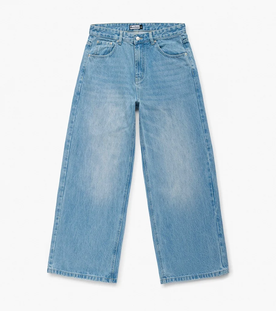 Flat lay photography of light blue wide-leg jeans on a white background