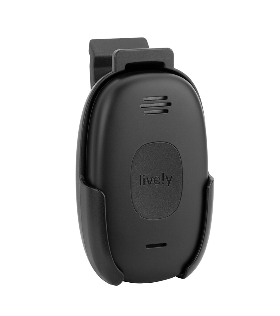 Product photography of a black clip-on personal safety device, rear view showing the belt clip