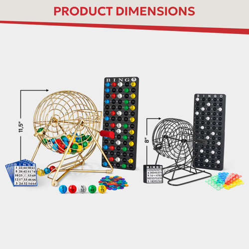 Amazon listing infographic photography displaying the dimensions of a bingo cage set with measurement graphics and product specifications.