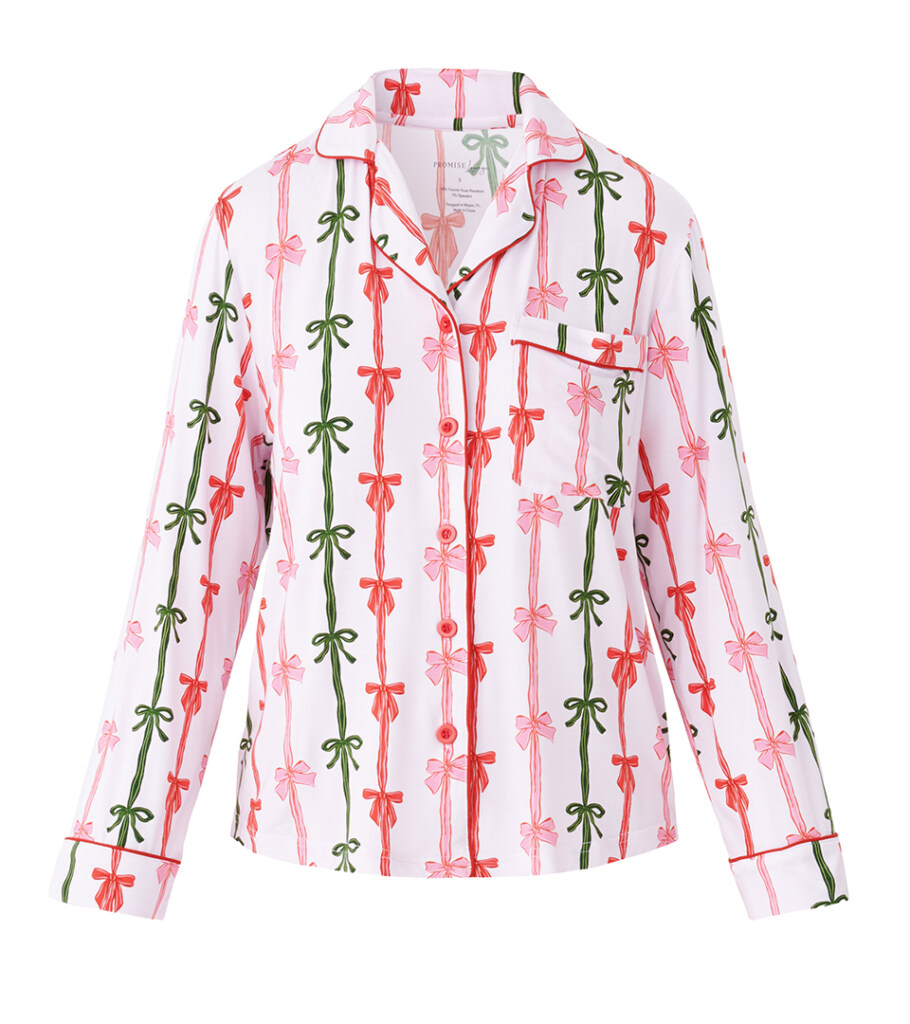 Invisible mannequin photography of a printed women's pajama shirt, highlighting the collar, pocket, and garment construction for professional e-commerce apparel photography.