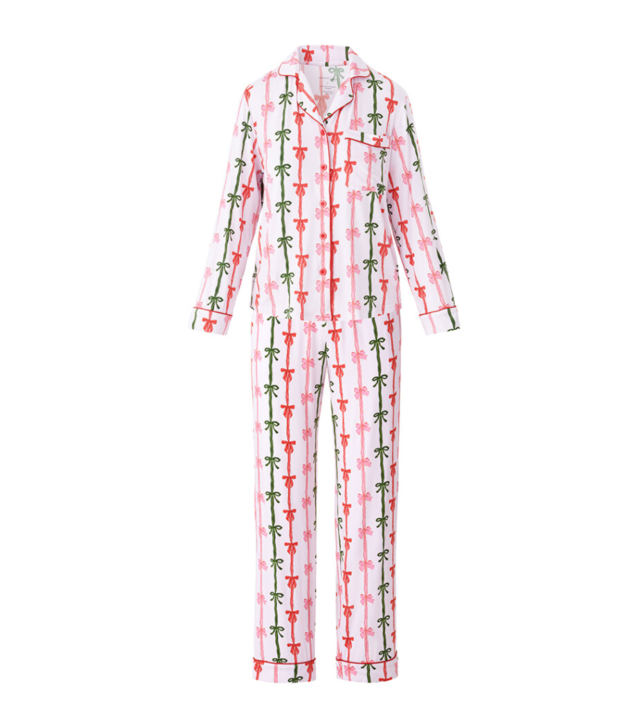 Ghost mannequin photography of a printed women's pajama set, showcasing the shirt and pants with a clean invisible mannequin effect for e-commerce clothing photography.