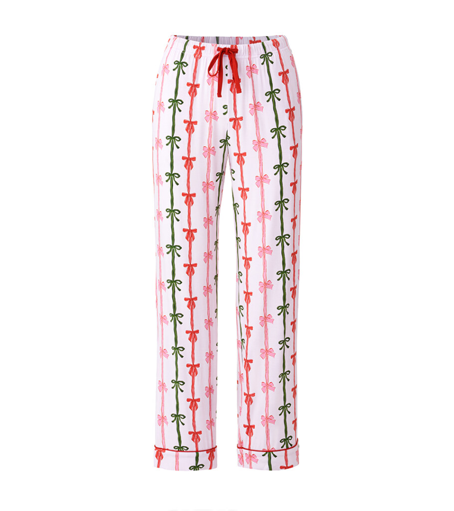 Ghost mannequin product photography of printed women's pajama pants, showcasing the garment fit and fabric details with a clean invisible mannequin effect.