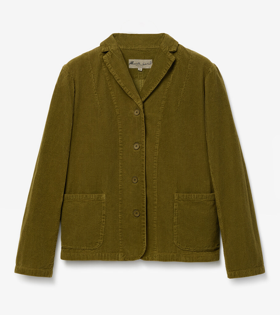 Flat lay photography of an olive corduroy blazer-style jacket with patch pockets