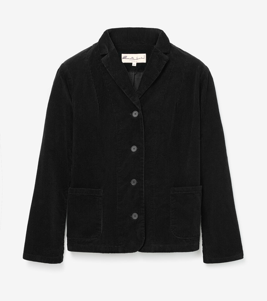 Flat lay photography of a black corduroy button-front jacket
