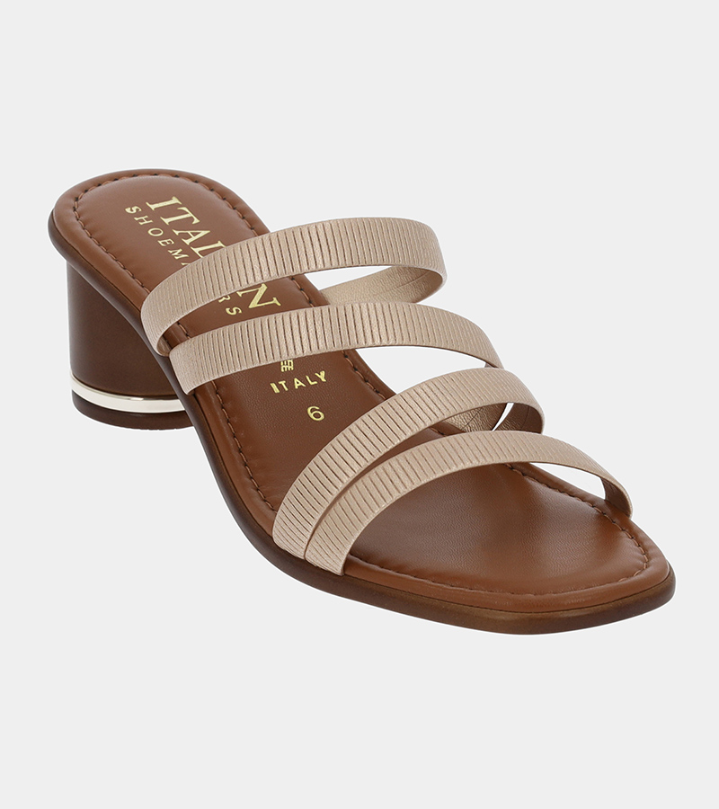 Automated product photography of a tan leather block-heel slide sandal at a 45-degree angle